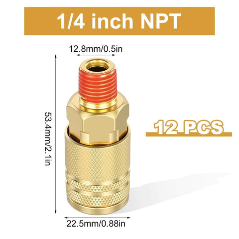12 Piece 1/4 Inch Brass Male Industrial Coupler Kit For Air Hoses And Compressors, NPT Quick Connect Adapters, dimensions shown