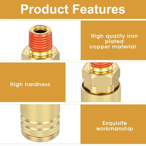 Close-up of a 12 Piece 1/4 Inch Brass Male Industrial Coupler Kit For Air Hoses And Compressors, showing material and features.