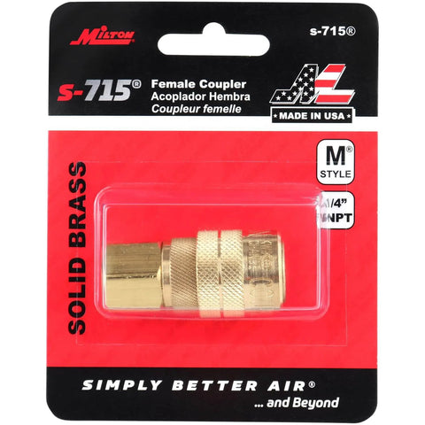 M-Style Quick Connect Air Coupler One Quarter Inch NPT Female Brass, Kwik-Change Interchangeable With Most Brands, MIL-C-4109 Compliant, S-715 Pack Of Ten, Heavy-Duty Pneumatic Coupler For Air Lines in retail packaging.