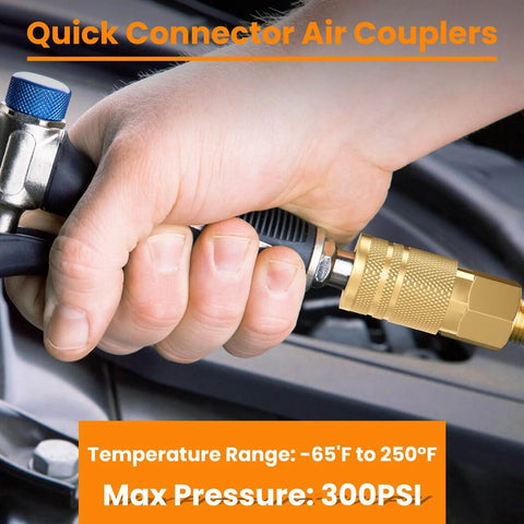 Person connecting Brass One Quarter Inch Female Industrial Coupler Quick Connect Air Hose Fittings One Quarter Inch NPT For Auto Shop