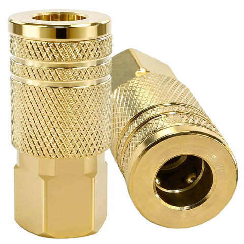 Two brass air couplers showing 1/4 Inch Brass Female Industrial Air Coupler Quick Connect with knurled sleeve for auto shop use.