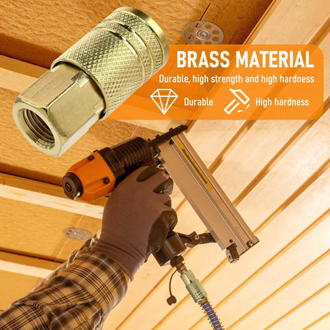 1/4 Inch Brass Female Industrial Air Coupler Quick Connect with NPT 1/4 Quick Connect Air Hose Fittings used in workshop setup.