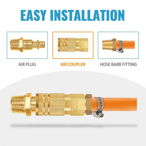 Two Pack One Quarter Inch NPT Female Quick Connect Air Fittings Brass Industrial Couplers With Six Ball Bearings shown with air line