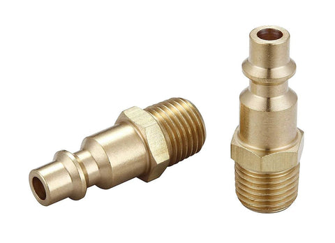 Brass Quarter Inch NPT Male Air Hose Quick Connect Adapter Kit Industrial Type D Coupler And Plug Set, shown side by side