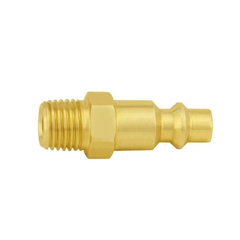 Side view of a single metal plug from the Four Pack 1/8 Inch NPT Male Air Hose Quick Connect Fittings, corrosion resistant, 300 PSI max.