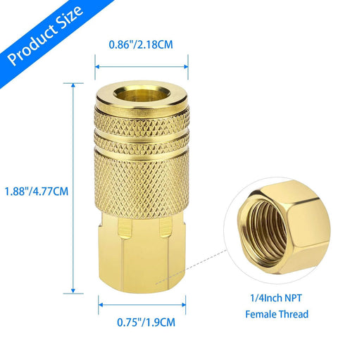 Two Pack One Quarter Inch NPT Female Air Hose Couplers Brass Quick Connect Fittings For Air Compressors, Automotive Repair And Professional Jobsites, 300 PSI Rating, One Quarter Inch Flow Holes, Universal M Type Connectors