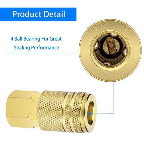 Two Pack One Quarter Inch NPT Female Air Hose Couplers Brass Quick Connect Fittings For Air Compressors, top view shows 4 ball bearing