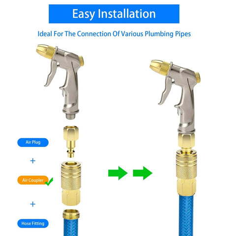 Two Pack One Quarter Inch NPT Female Air Hose Couplers Brass Quick Connect Fittings For Air Compressors, Automotive Repair And Professional Jobsites, 300 PSI Rating, One Quarter Inch Flow Holes, Universal M Type Connectors in plumbing setup