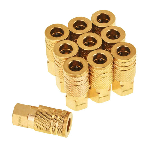 10 Pack 1/4 Inch NPT Female Brass Air Hose Fittings Quick Connect Couplers For Auto Shop DIY Garage Industrial Grade Compressor Hose Repair Kit 1/4 Inch NPT Coupler, brass fittings with knurled sleeve.