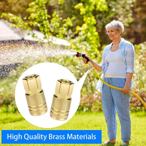 Two Pack One Quarter Inch NPT Female Air Hose Couplers Brass Quick Connect Fittings for Air Compressors, visible in use outdoors