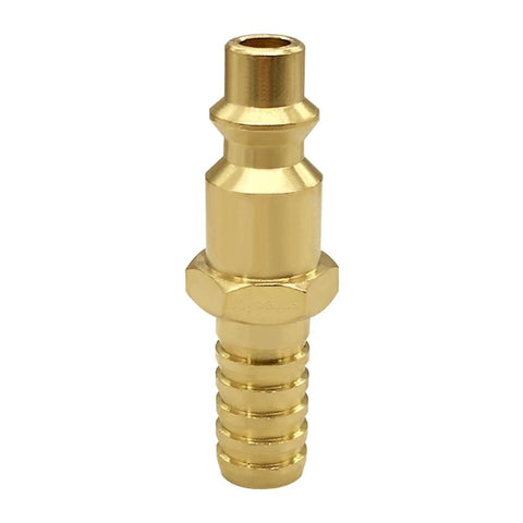 Close-up view of a brass Two Pack Three Eighths Inch Barb To One Quarter Inch Coupling Air Hose Quick Connect Fitting, corrosion resistant.