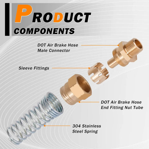 Brass One Half Inch Air Hose Fittings Kit With Spring Guards, DOT Compliant Air Brake End Fittings, Four Pack, Male Connectors