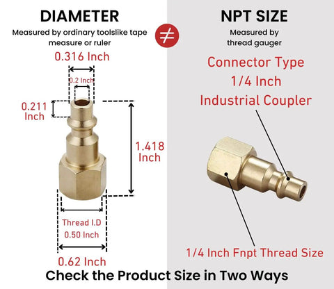 Industrial Type D 1/4-Inch NPT Brass Air Hose Fittings And Quick Connect Coupler Plug Kit dimensions and specifications diagram