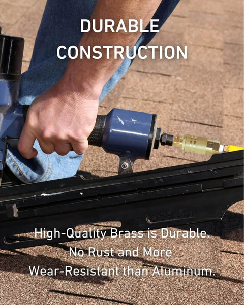 Person using tool with Brass Quarter Inch NPT Male Air Hose Quick Connect Adapter Kit Industrial Type D Coupler