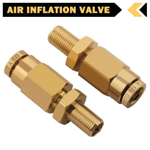 Two brass Cheemuii 1/4 in inflation Schrader valves with push-to-connect fittings for 1/4 in OD air line tubing.