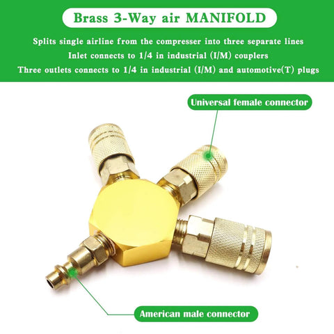 Air Splitter Three Way Manifold With Brass Industrial Couplers And One Quarter Inch Plug For Air Compressor Hose Quick Connect Fittings