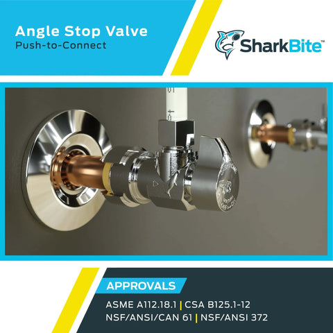 Brass Push Angle Stop Valve 1/2 In By 3/8 In Compression Chrome Finish installed on copper pipe for water shutoff in tight spots.