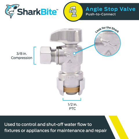 Brass Push Angle Stop Valve 1/2 In By 3/8 In Compression Chrome Finish Ideal For Tight Spots Easy Water Shutoff For Faucets Toilets Or Appliances