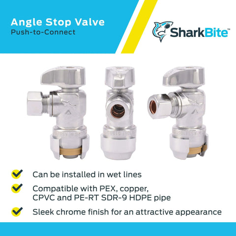 Brass Push Angle Stop Valve 1/2 In By 3/8 In Compression Chrome Finish Ideal For Tight Spots Easy Water Shutoff For Faucets Toilets Or Appliances Works With Disconnect Clips And Tongs For Quick Service shown from multiple angles.