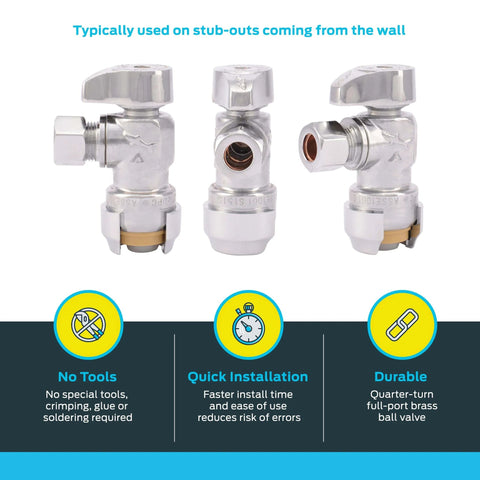 Brass Push Angle Stop Valve 1/2 In By 3/8 In Compression Chrome Finish Ideal For Tight Spots Easy Water Shutoff
