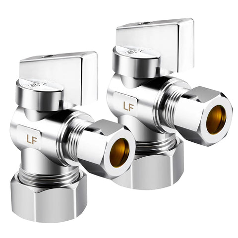 Two chrome-plated brass angle stop valves with compression fittings; LF marking visible.