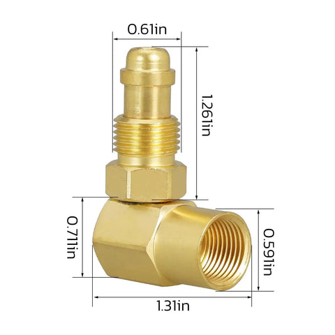 Beefy 90 Degree Brass Argon Gas Adapter For TIG And MIG Welders CGA 032 Nut Nip To Body Elbow Fitting dimensions shown.
