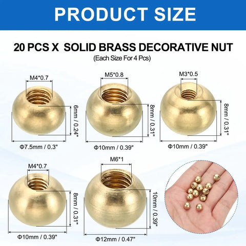 Brass Ball Finial Nuts Kit For Lighting Fixtures M3 M4 M5 M6 Threaded Cap Nuts 20 Pieces Decorative Lamp Screws 7.5mm 12mm