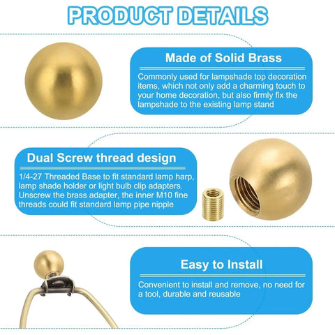 Product details of brass ball lamp finials caps knob 25mm 1 inch 2 piece set for lamp shade harp top decoration and furniture lighting.
