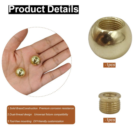 Brass Ball Lamp Finials Caps Knob 20mm Round Solid Screw Cap Cover With Reducing Adapter displayed with hand and size details