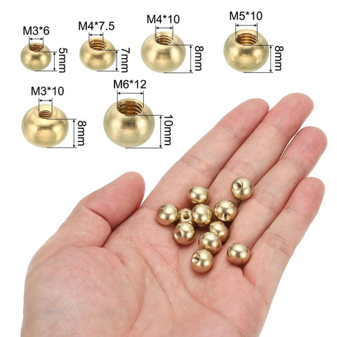 Brass Ball Lamp Finials In Hand Showing All Sizes For DIY Projects M3x6mm M3x10mm M4x10mm M4x7.5mm M5x10mm M6x12mm