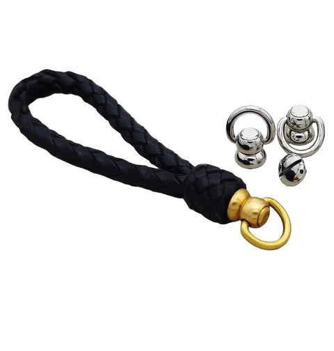 Solid Brass Ball Studs 6 Pack 360 Degree Rotating Leather Rivets With D Ring And Chicago Screw Back, shown with woven handle.