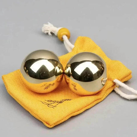 2Pcs Brass Exercise Ball 1.5 Inch Golden Solid Copper Metal Baoding Balls for Hand Therapy Stress Relief on yellow pouch