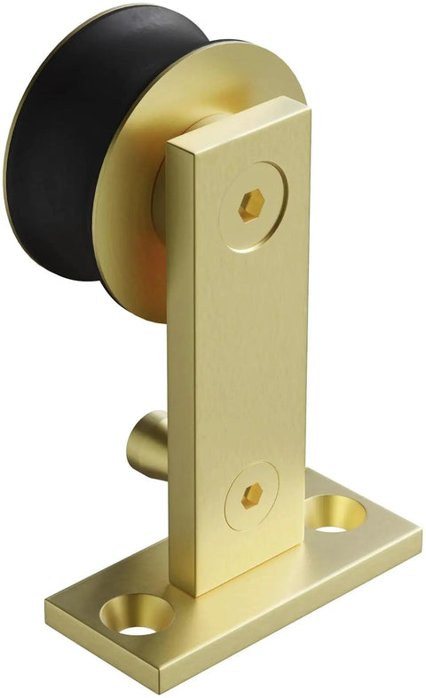 Close-up of single roller component in champagne brass from Seventy Eight And Three Quarters Inch Single Roller Round Rod Barn Door Hardware Kit.