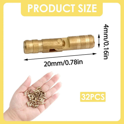 Product size for 20mm concealed brass barrel hinges, 4mm bore, shown in hand, pack of 32. Hidden Concealed Brass Barrel Hinges For Wooden Jewelry Boxes And Keepsake Cases With Invisible Cylinders For Small Cabinet Doors 20mm 32 Pack DIY Friendly Built From Solid Brass For Long Life Corrosion And Tarnish Resistance By Nextpal.