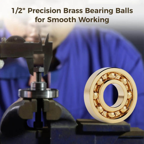 Close-up of brass bearing ball in vice, emphasizing 1/2 inch diameter with polished surface, ideal for precision use.