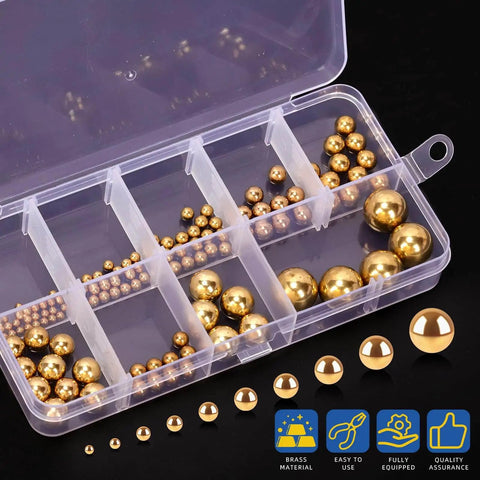 Precision Brass Bearing Balls Set 120-Piece Assortment 3/32 To 1/2 Inch Sizes For Machinery Automotive Valves Yellow Brass Balls With Storage Box Glarks