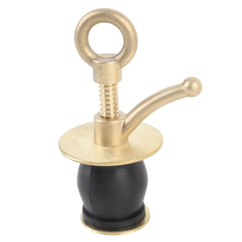 Brass boat deck drain plug with rubber stopper and circular pull ring, front view