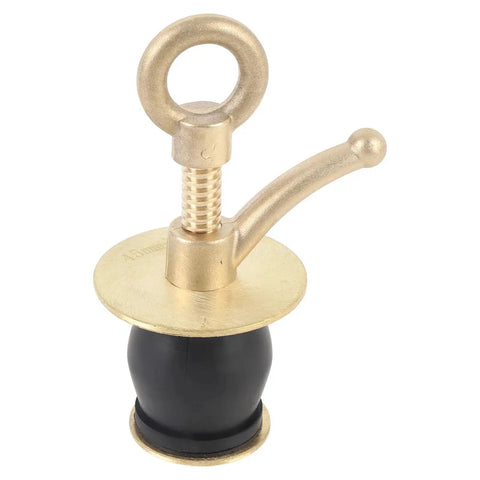 Front view of brass boat deck drain plug with rubber seal and locking ring handle; threaded stem and deck plate.