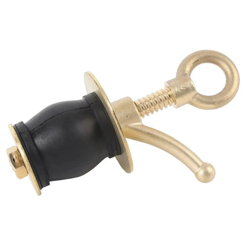Brass boat deck drain plug with rubber seal, threaded stem, and eye ring handle (side view).