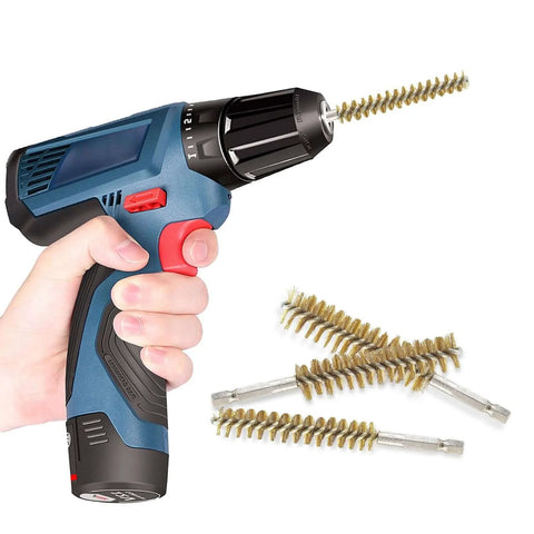Electric drill fitted with brass bore brush from 6 Pieces Brass Bore Brushes in Different Sizes set, with extra brushes displayed.
