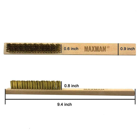Soft Brass Bristle Wire Brush for Cleaning Metal Rust, Welds, with 10" Beechwood Handle, dimensions displayed