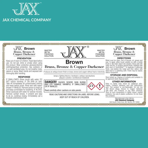 Label of JAX Brown Brass, Bronze, and Copper Darkener, a water-based solution to create an authentic antique patina on bare metal.