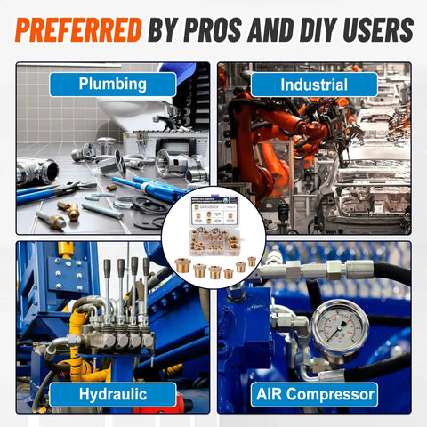 Image showcasing Brass Hex Bushing Fittings Kit 18 Piece Set Pro Grade For Plumbing And DIY Projects with usage scenarios in plumbing, industrial, hydraulic, and air compressor applications.