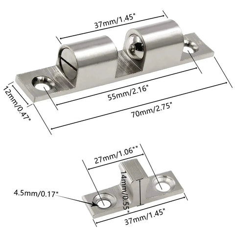 Double Ball Tension Roller Catch Latch Set 2.75 Inches For Cabinet Closet And Furniture Doors Solid Brass Hardware With Screws Chromium Plated