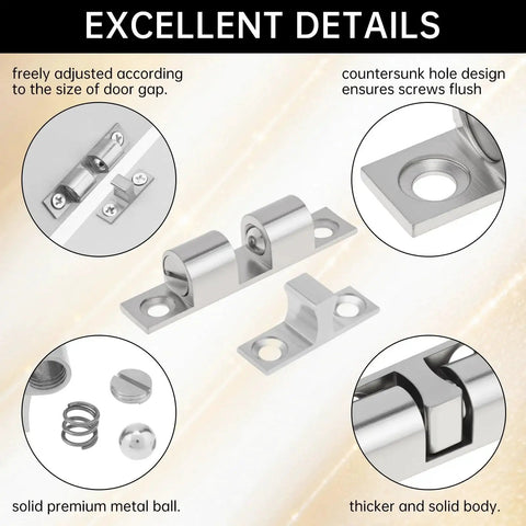 12Pcs Double Ball Tension Roller Cabinet Catch Latch Set 70mm Solid Brass Hardware with Screws, Adhesive Tape, Silver Finish Details