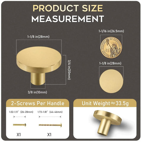Solid Brass Brushed Gold Cabinet Knobs Set Featuring Heavy Duty Real Brass Construction And Elegant Brushed Finish 1-1/8 Inch