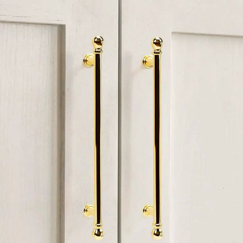 10 Pack Polished Brass Cabinet Pulls 7.5 Inch Hole Center Solid Zinc Alloy Drawer Handles installed on white cabinet doors