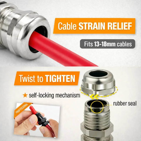 Close-up of Three Quarter Inch NPT Brass Cable Gland Cord Grip Strain Relief For Electrical Wiring with red cable inserted.