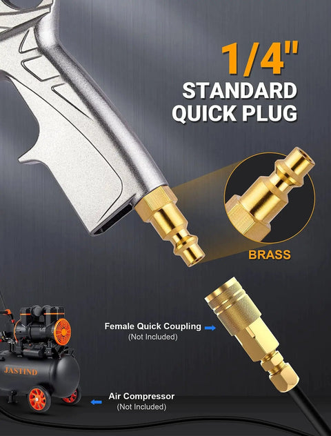 Powerful dry air car cleaning gun delivers fast interior detailing by blasting dust and debris with high velocity air through brass fittings and a one quarter inch MNPT connector