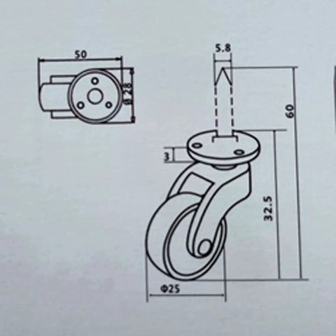 Technical drawing of Solid Brass Caster Wheel Set 25mm Diameter 360 Degree Swivel With Screw Fitting Vintage Style Furniture Casters.